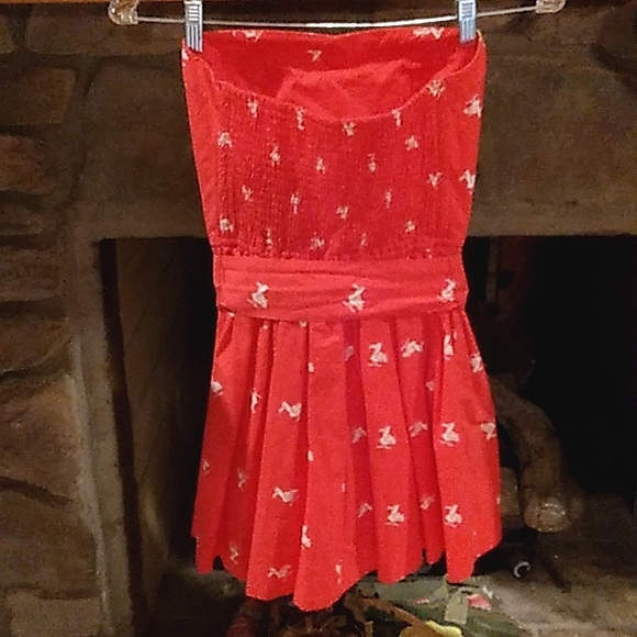 HOLLISTER BRIGHT HOT PINK CUTE SEAGULL PRINT STRAPLESS BELTED DRESS SZ.S - Picture 5 of 7